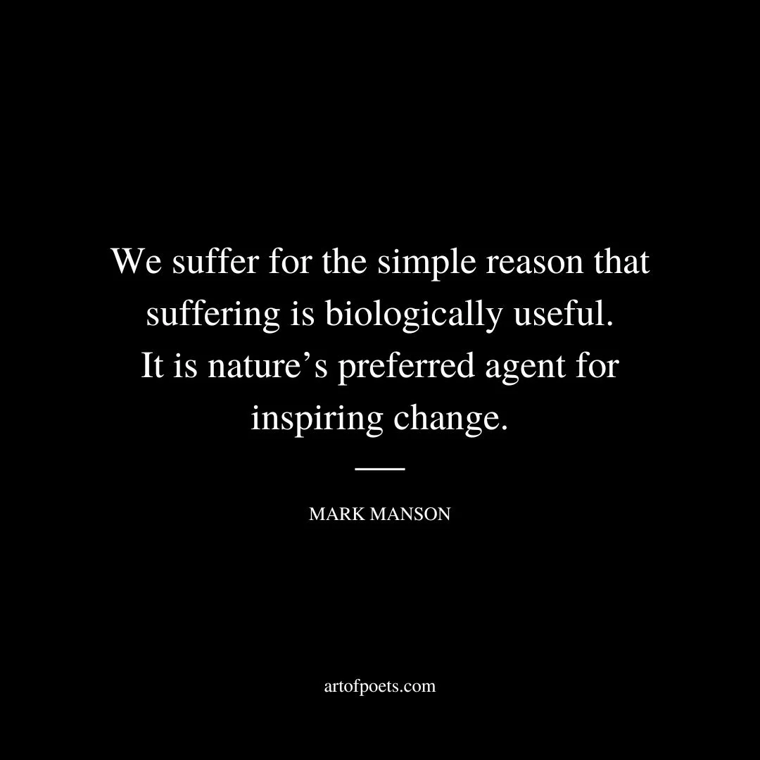 We suffer for the simple reason that suffering is biologically useful. It is nature’s preferred agent for inspiring change. We have evolved to always live with a certain degree of dissatisfaction and insecurity, because it’s the mildly dissatisfied and insecure creature that’s going to do the most work to innovate and survive. - Mark Manson