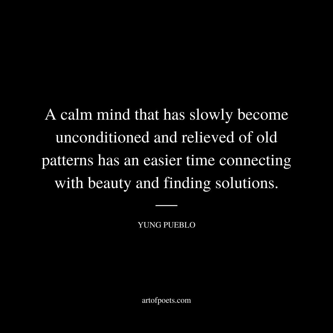 A calm mind that has slowly become unconditioned and relieved of old patterns has an easier time connecting with beauty and finding solutions