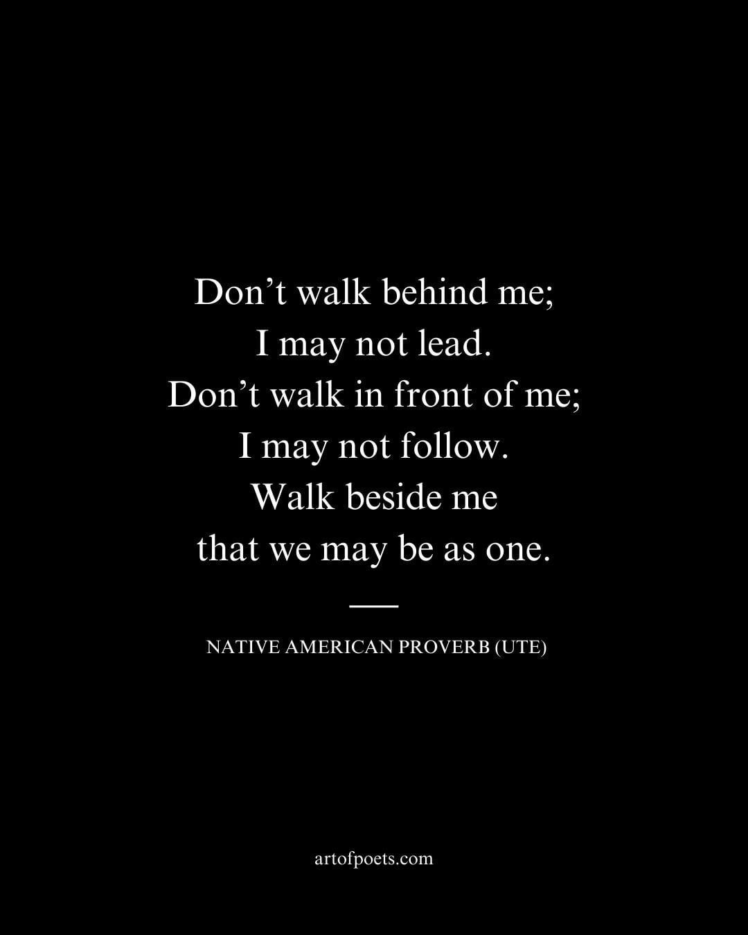 Dont walk behind me I may not lead. Dont walk in front of me I may not follow. native american proverb