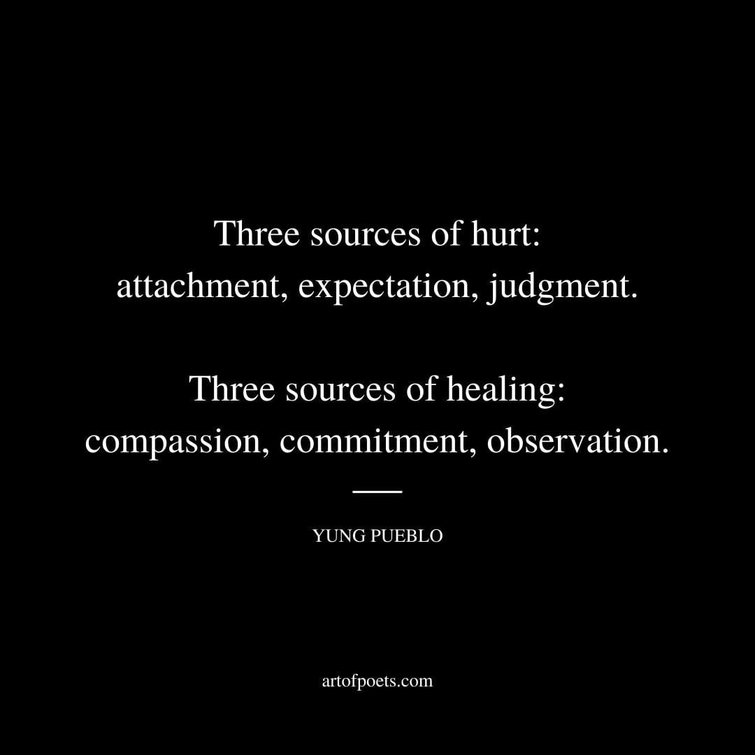 Three sources of hurt attachment expectation judgment. Three sources of healing compassion commitment observation. Yung Pueblo