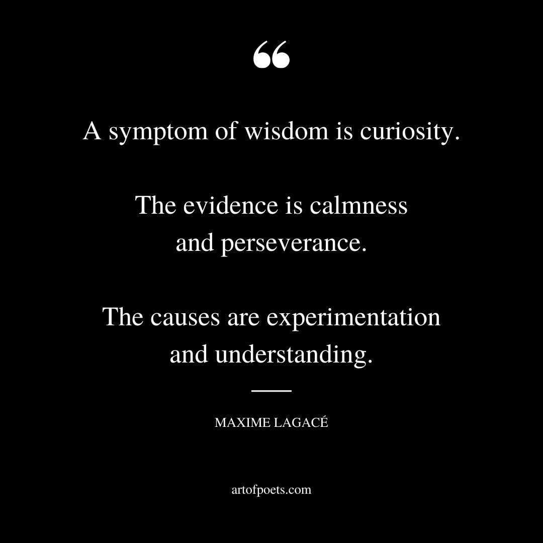 A symptom of wisdom is curiosity. The evidence is calmness and perseverance. The causes are experimentation and understanding