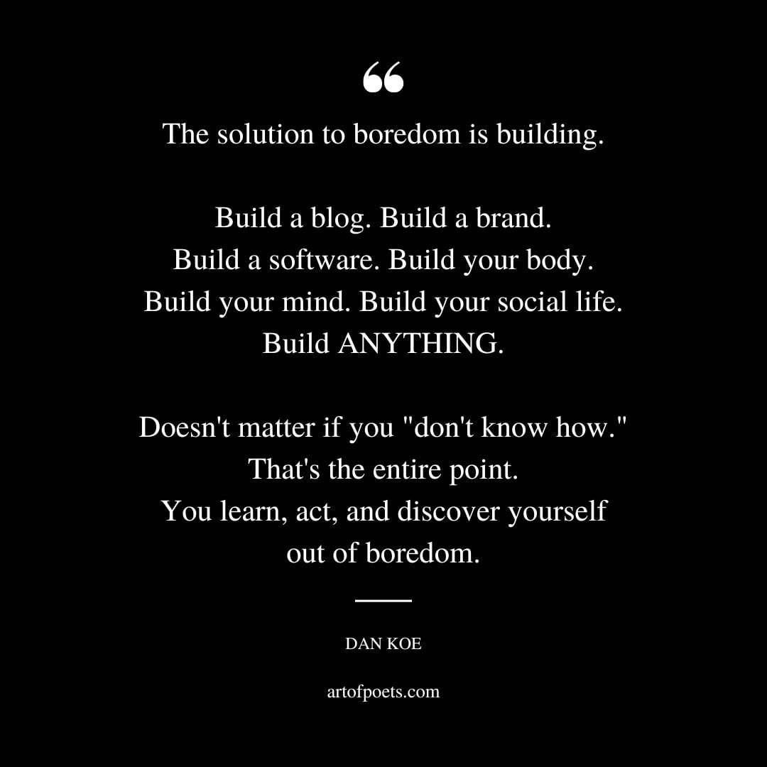 The solution to boredom is building. Build a blog. Build a brand. Build a software. Build your body. Build your mind. Build your social life. Build ANYTHING