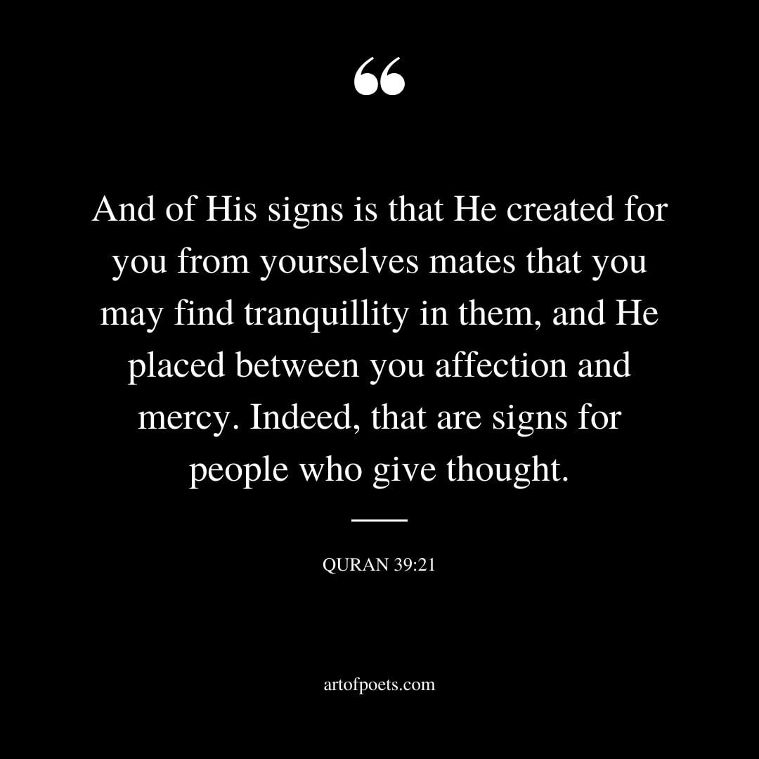 And of His signs is that He created for you from yourselves mates that you may find tranquillity in them and He placed between you affection and mercy. Copy