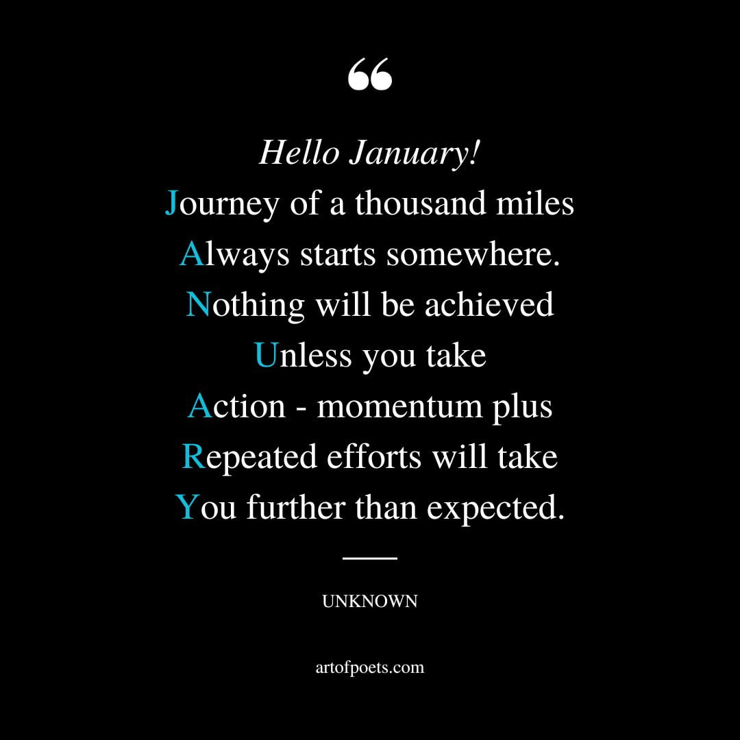 Hello January Journey of a thousand miles Always starts somewhere. Nothing will be achieved Unless you take Action 1