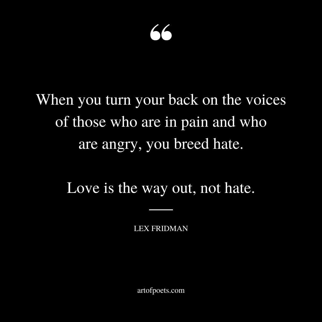 When you turn your back on the voices of those who are in pain and who are angry you breed hate. Love is the way out not hate. – Lex Fridman
