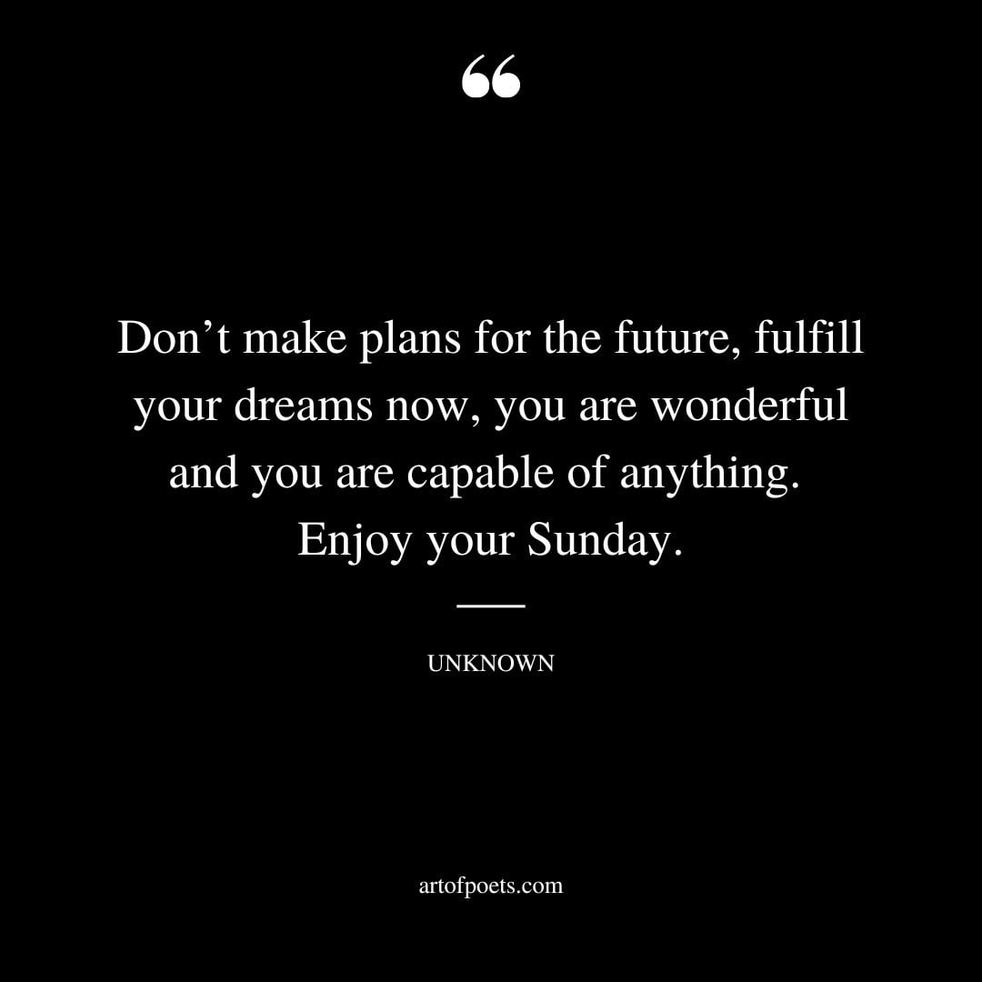 Dont make plans for the future fulfill your dreams now you are wonderful and you are capable of anything. Enjoy your Sunday
