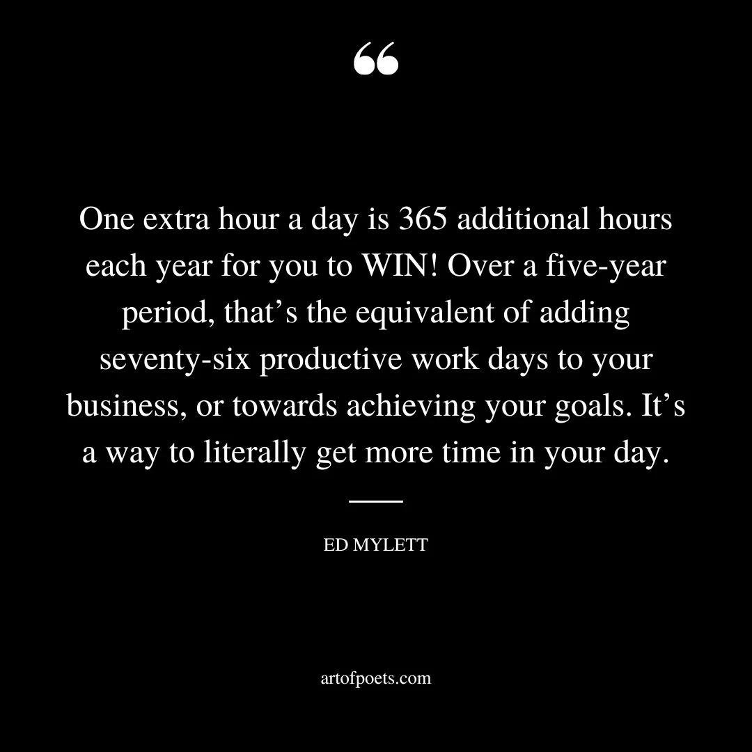 One extra hour a day is 365 additional hours each year for you to WIN Over a five year period thats the equivalent of adding seventy six productive work days