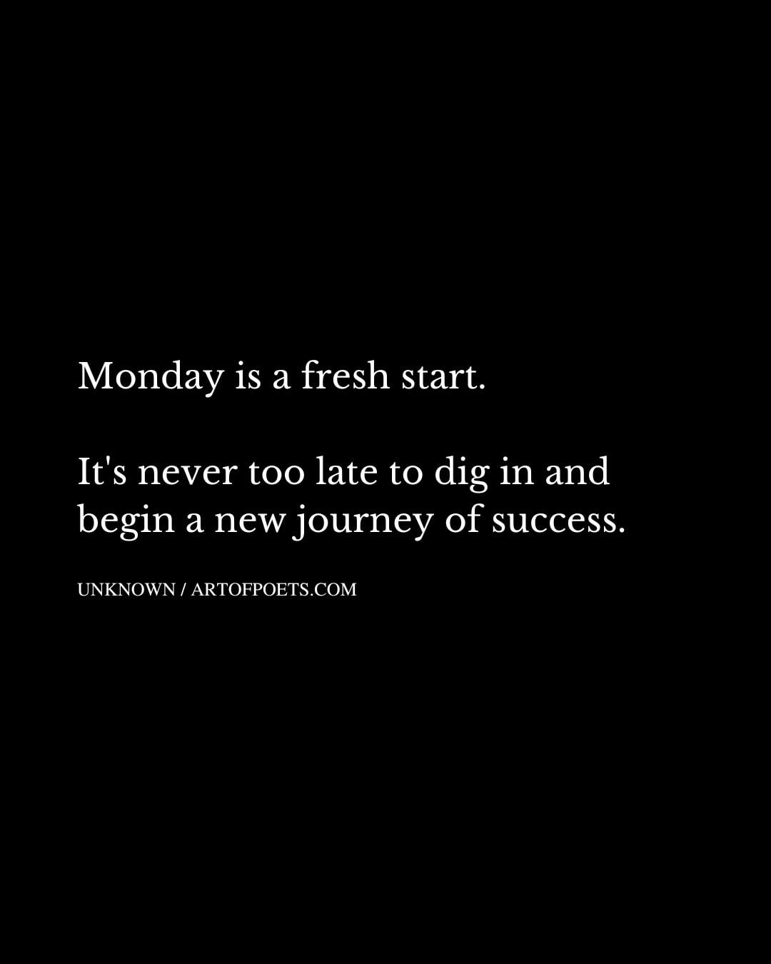 Monday is a fresh start. Its never too late to dig in and begin a new journey of success