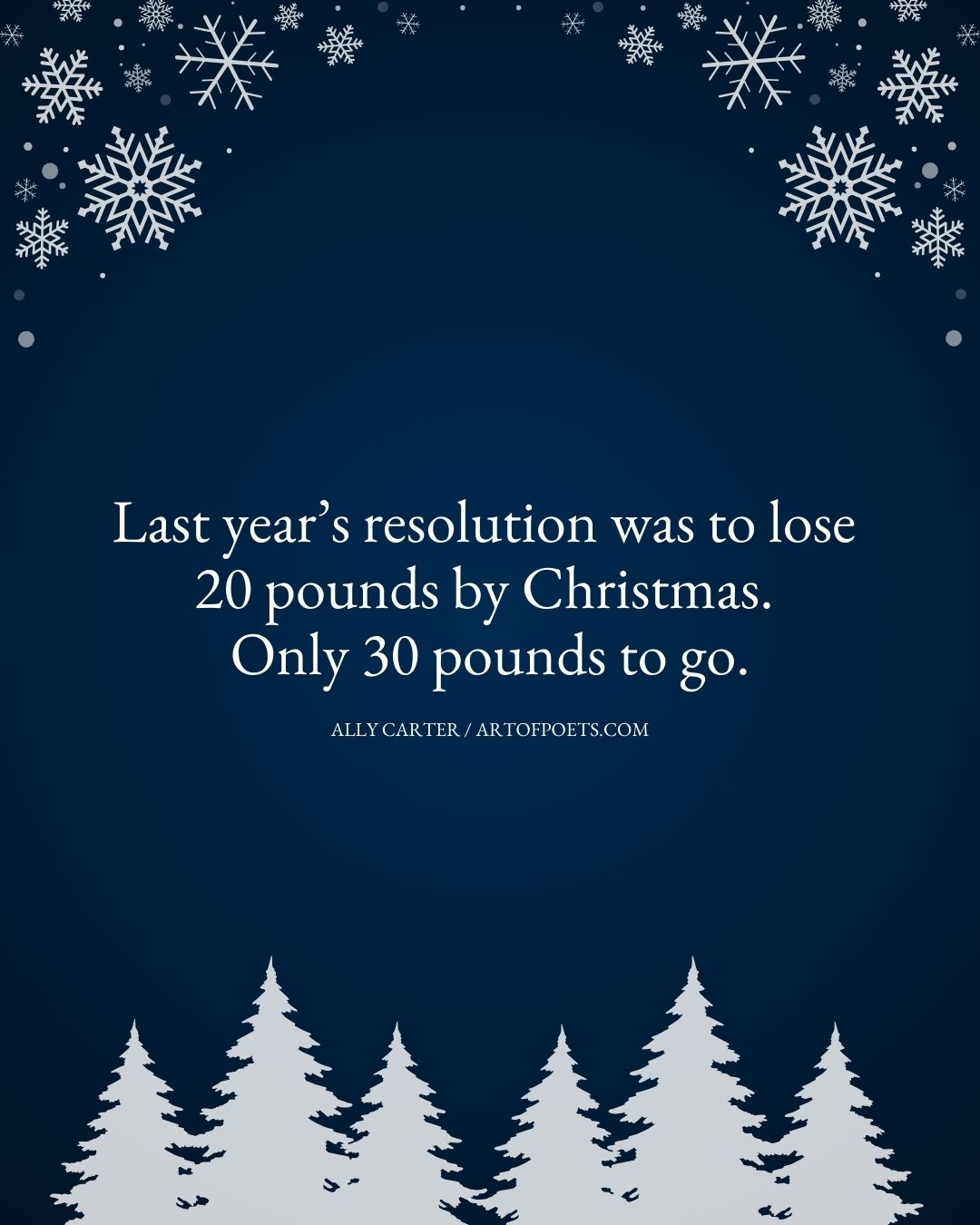 Last years resolution was to lose 20 pounds by Christmas. Only 30 pounds to go