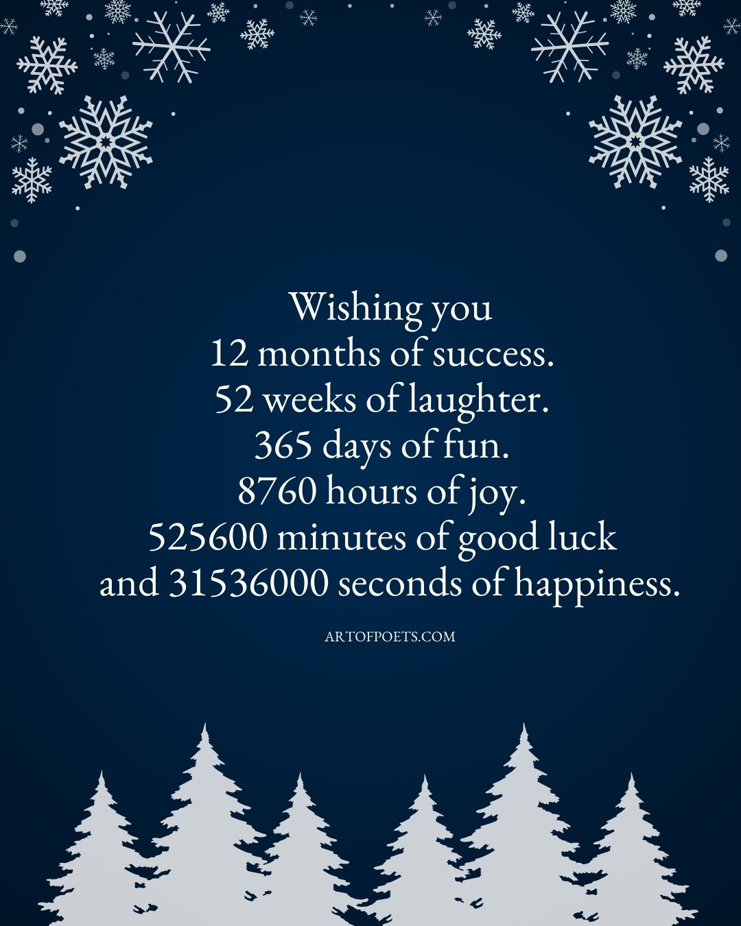 Wishing you 12 months of success. 52 weeks of laughter. 365 days of fun. 8760 hours of joy. 525600 minutes of good luck and 31536000 seconds of happiness